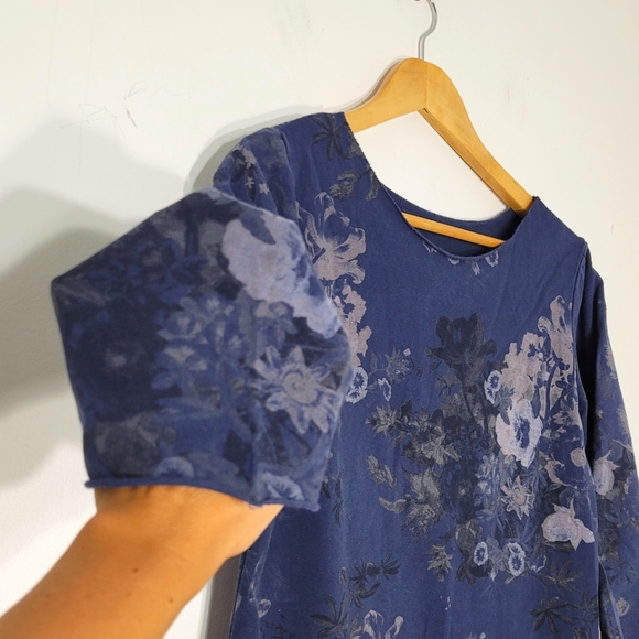 Blue Floral Print Women Jogger Dress Oversized Loose Fix Cut Off Trim 3/4 Sleeve - Picture 2 of 9